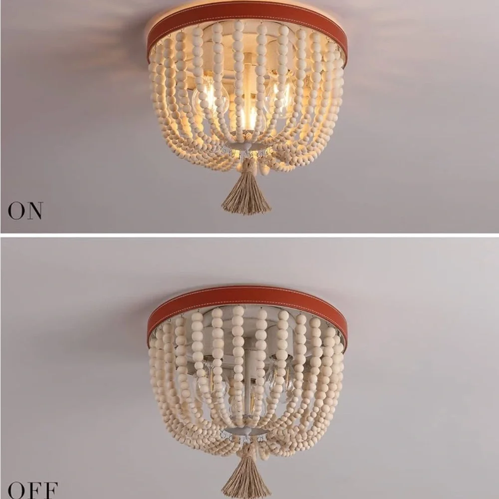 NEW Boho Wood Beaded Flush Mount Ceiling Lights Chandelier Fixture - Picture 7 of 10